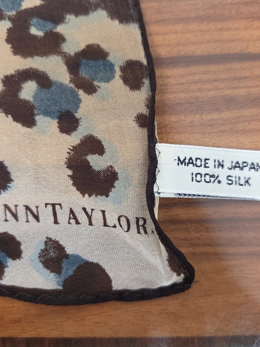 VTG Ann Taylor Beige Silk Scarf with Brown and Teal Leopard Spots 16x16